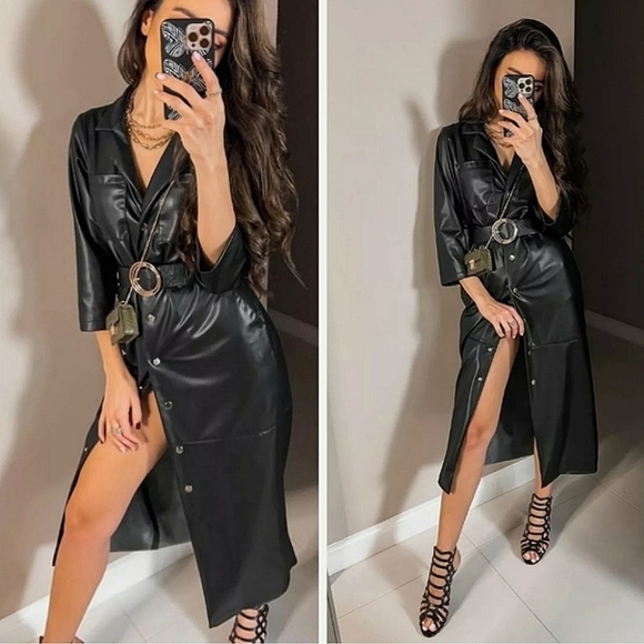 Zara Dresses & Skirts - Zara * Faux Leather Midi Dress Black Belted Size XS S